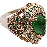 Turkish Ottoman Style Sultan's Collection Jewelry Drop Shape Pear Cut Emerald and Round Cut Topaz 925 Sterling Silver Ring Size All