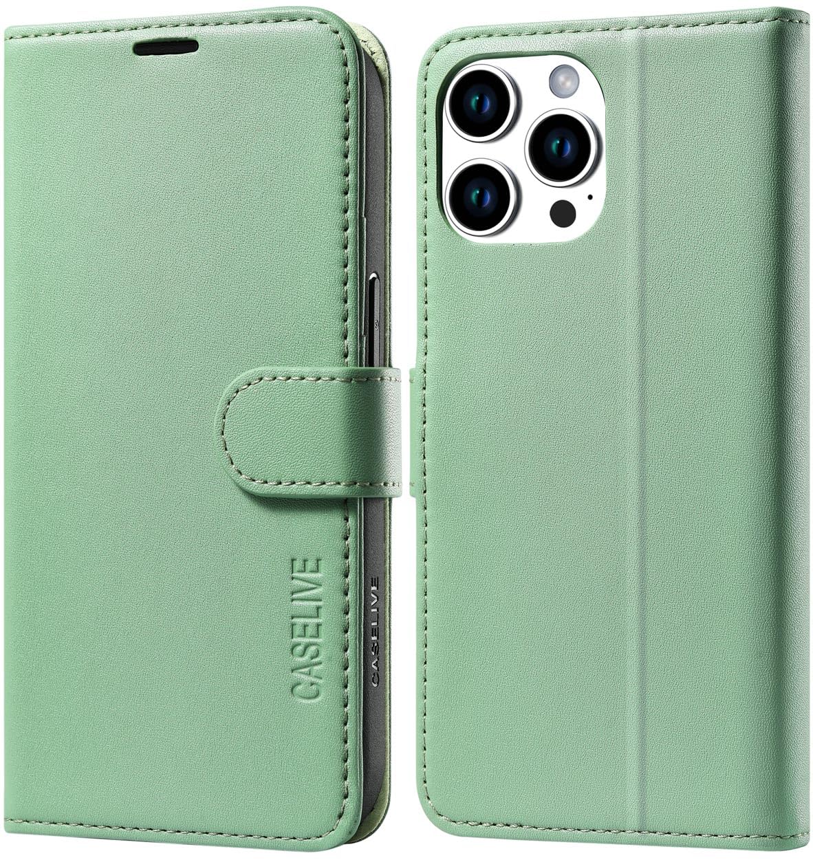 CASELIVE Wallet Case for iPhone 15 Pro Max, Genuine Leather Case with [Card Holder] [Screen Protector] [RFID Blocking][Shockproof TPU Inner Shell] Folio Cover for iPhone 15 Pro Max 6.7''(Light Green) — image 1