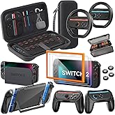 Accessories Bundle for Nintendo Switch 2, 16-in-1: Carrying Case, 2 Screen Protectors, Steering Wheel, Grip for Joycon Controller, Dockable Console Protective Cover Shell, etc. 2025 Switch2 Game Kit