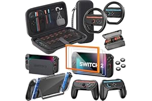 Switch 2 Accessories Bundle for Nintendo, 16 in 1 Game Kit: Carrying Case, Two Screen Protector with Alignment Frame, Steerin
