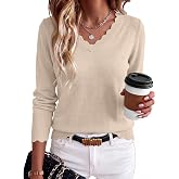 ANRABESS Sweaters for Women Lightweight Loose Fit V Neck Fall Outfits | Long Sleeve Scalloped Ribbed Pullover Top, 2026 Fall Travel Daily Wear, Soft Dressy Business Casual Office Work Layering