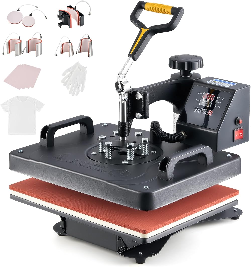 CREWORKS 30x38cm 8-in-1 Swing Away Heat Press 1250W T-Shirt Mug Cap Plate