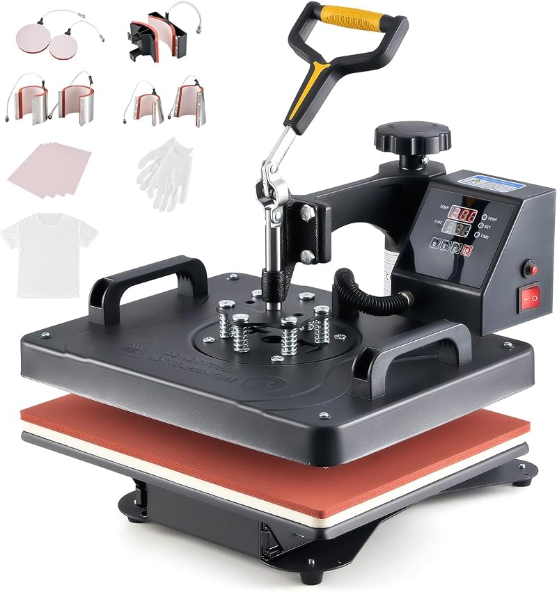 CREWORKS 30x38cm 8-in-1 Swing Away Heat Press 1250W T-Shirt Mug Cap Plate