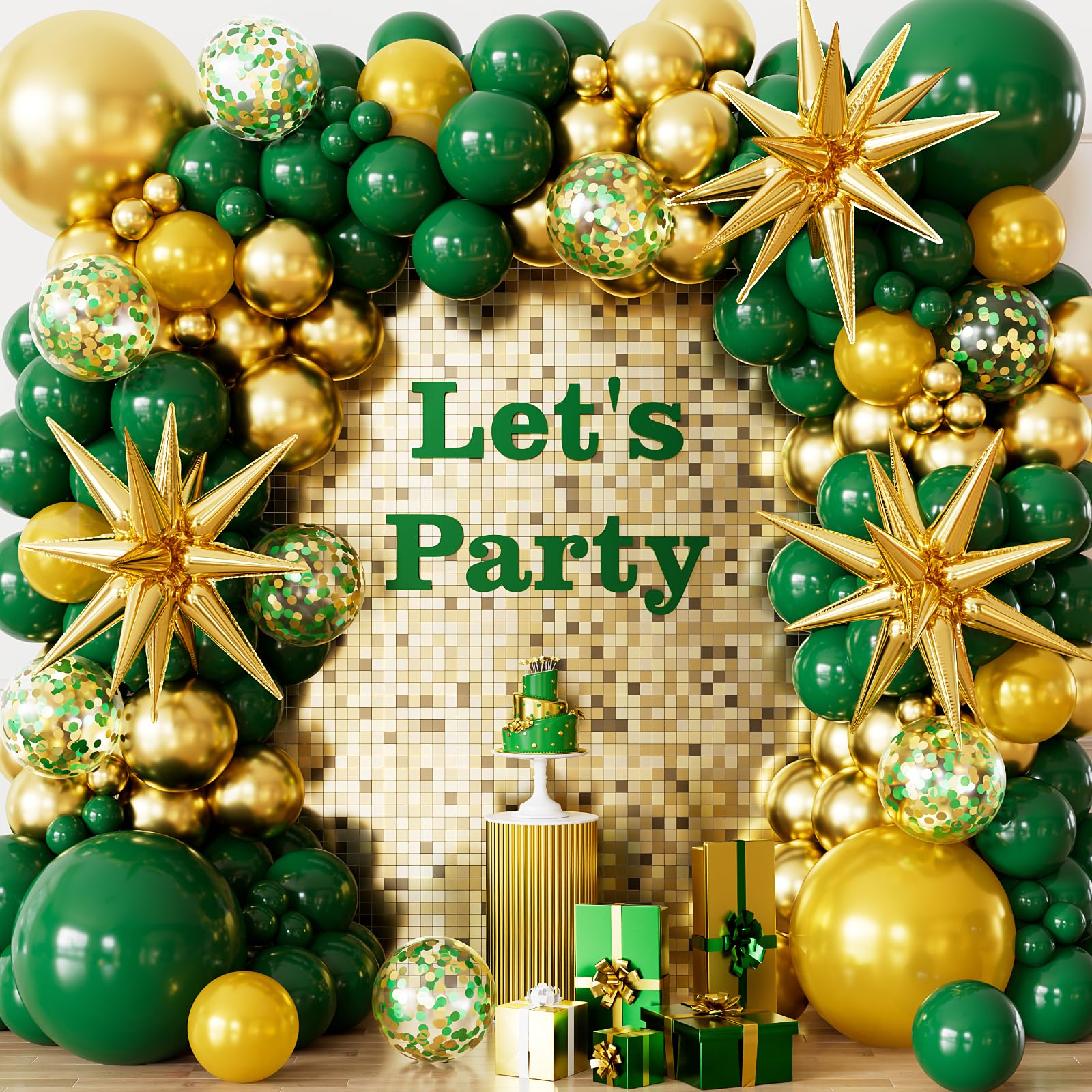 Adeyoo Green and Gold Balloons Garland Arch Kit, 117PCS Dark Green & Gold Balloons Garland with Confetti and Star Foil Balloons for Birthday, Graduation, Emerald Green Jungle Party Decorations