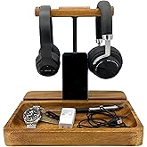Wrightmart Dual Headphone Stand, Solid Acacia Wood Headset Holder for 2 Headphones, Cell Phone & Tablet, Desk Organizer Tray for iPhone, iPad, Bose, Sony, Beats, Sennheiser, Gaming & Office Desk Setup