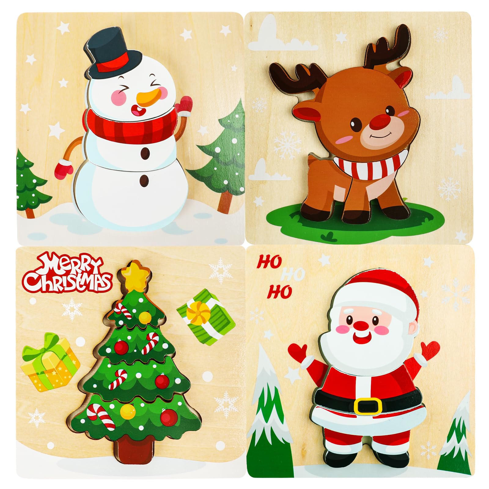 VEYLIN Christmas Wooden Puzzles - 4Pcs Santa Claus, Tree, Deer, Snowman Jigsaw Puzzles for Kids and Toddlers Development