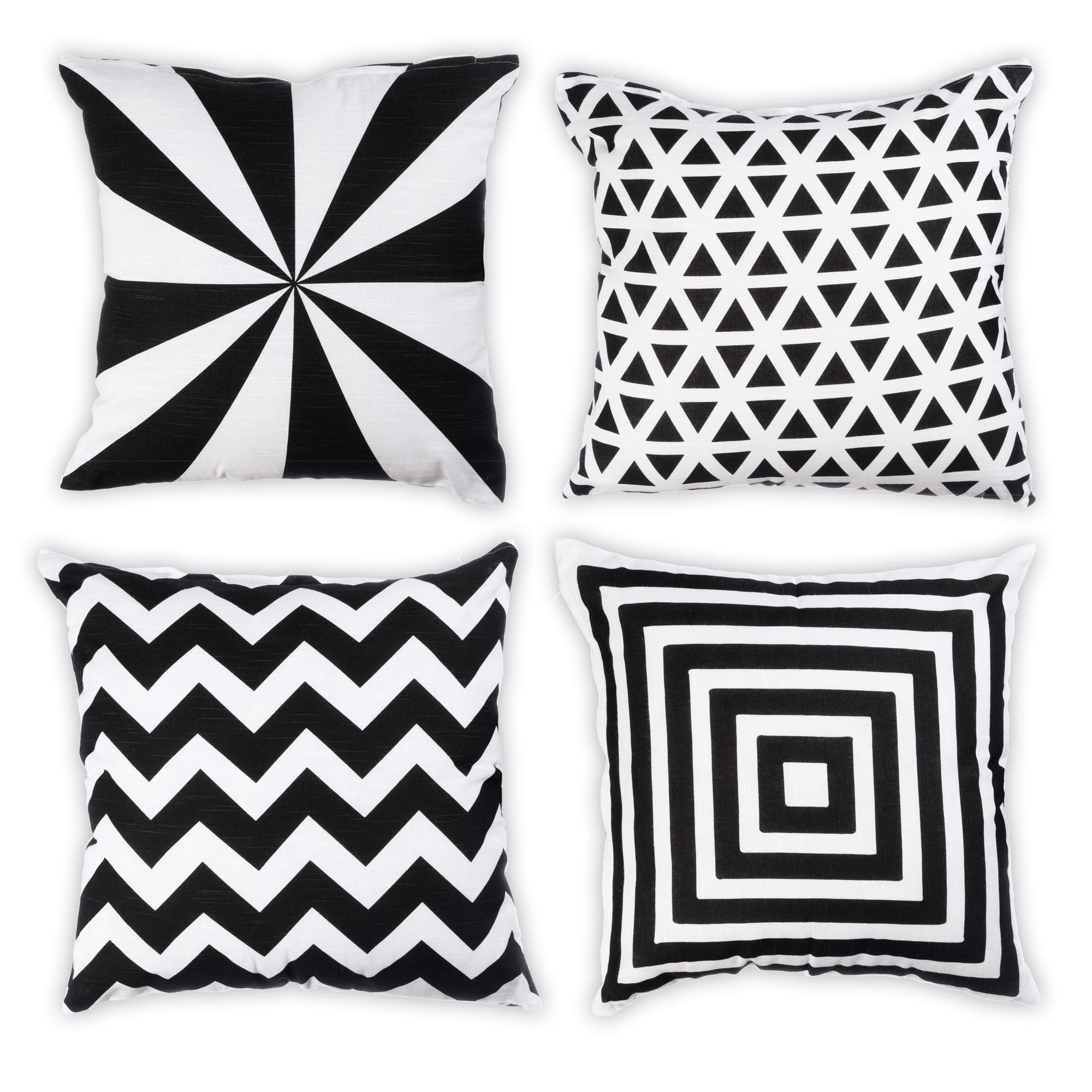Penguin Home Set of 4 100% Slub Cotton Fabric Cushion Covers 45cm x 45cm Double Sided Square Pillow Covers with Invisible Zipper Pillow Cases for Living Room, Bedroom, Sofa (White/Black Mix)