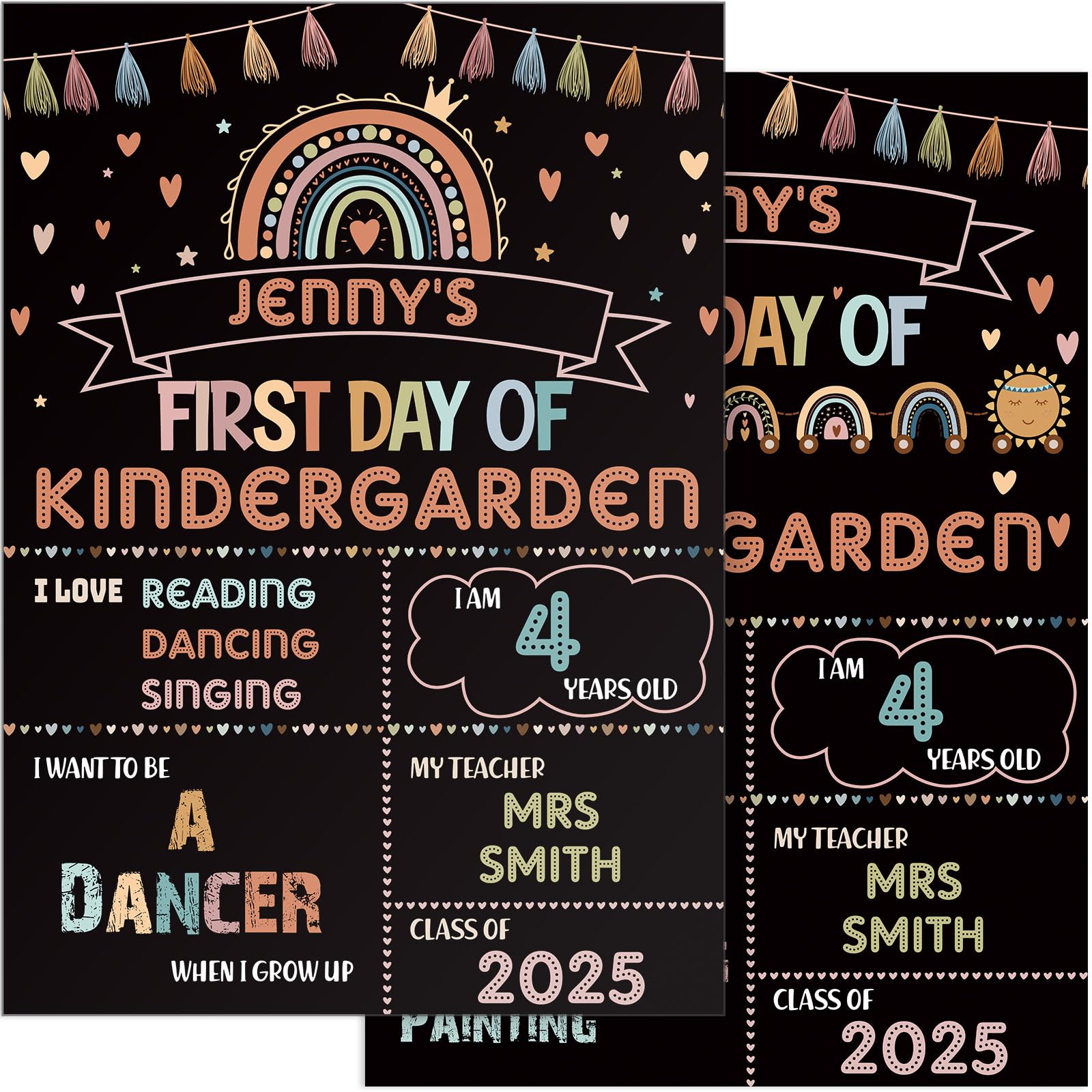 Photo 1 of First Day and Last Day School Board Boho Back to School Sign School Chalkboard First Day Photo Prop Sign Rainbow 1st Day Chalk Board for Kids Preschool Kindergarten Chalkboard Sign 13.8x9.8in (Black)