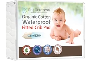 DRY DEFENDER Organic Cotton Waterproof Fitted Crib Pad - Natural Baby Crib Mattress Cover & Protector - Unbleached, Non-Toxic & Hypoallergenic (28" x 52" x 7")