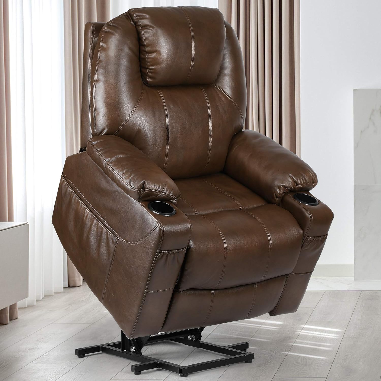YITAHOME Power Lift Recliner Chair for Elderly, Lift Chair with Heat and Massage, Faux Leather Recliner Chair with 2 Cup Holders, Side Pockets & Remote Control for Living Room (Brown)