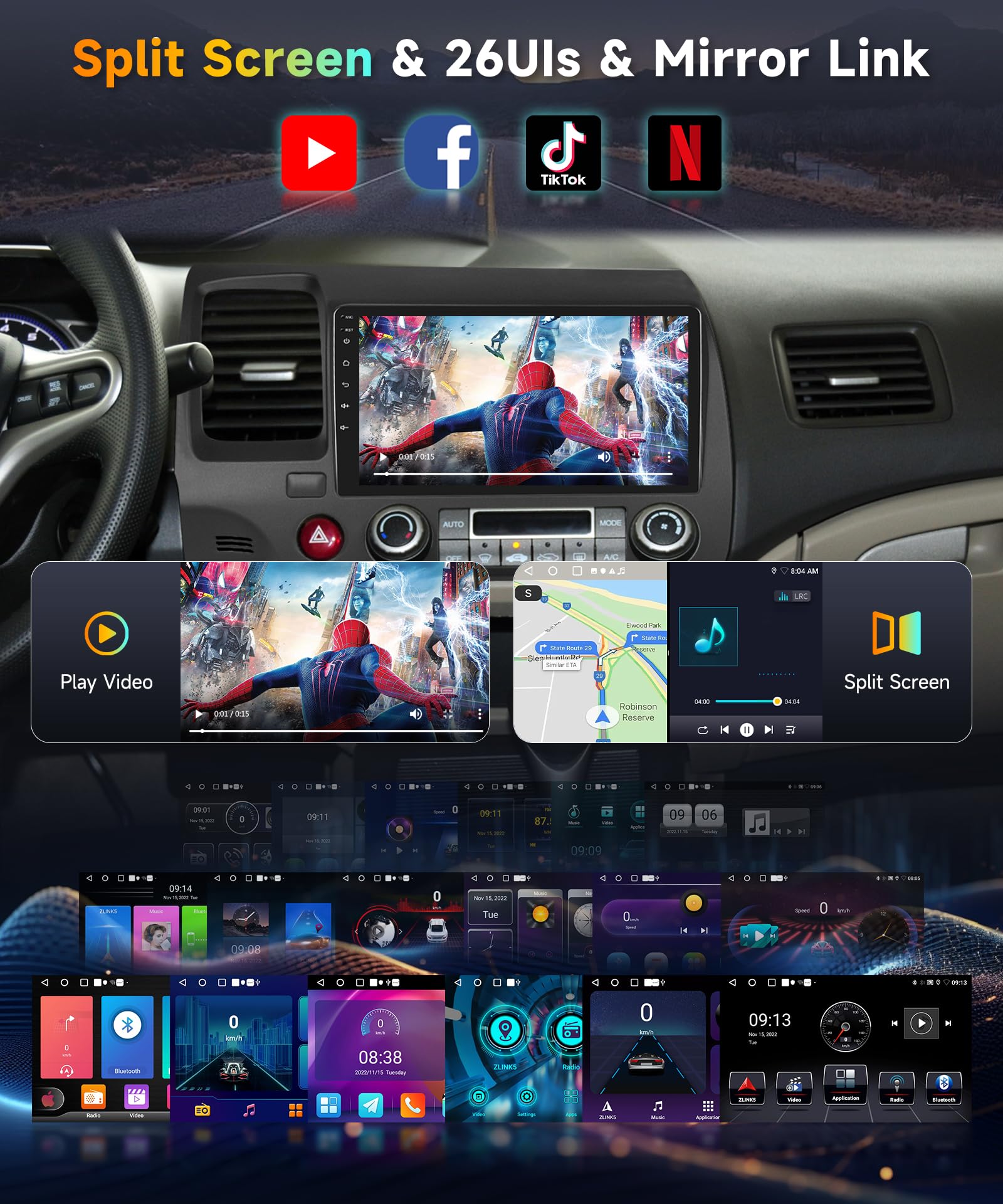 Podofo Car Stereo Radio for Honda Civic 2007 2008 2009 2010 2011 Wireless CarPlay Android Auto 9Inch 1080P Touch Screen Bluetooth FM/RDS Radio GPS Navigation WiFi EQ AHD Backup Camera 2G+32G