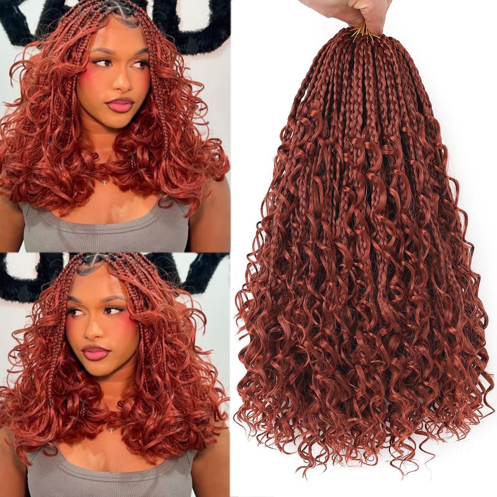 Photo 1 of Unionbeauty 14 Inch Boho Box Braids Crochet Hair Ginger Goddess Box Braids with Curly Ends 8 Packs Bohemian Braid Crochet Hair for Black Woman Synthetic Braiding Hair Extension 350#
