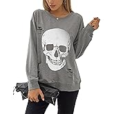 Blooming Jelly Women's Halloween Sweatshirts Skull Graphic T Shirts Long Sleeve Pullover Tops Gothic Fall Clothes 2025