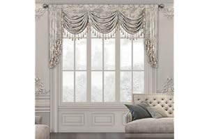 Loom and Mill Luxury Waterfall Valances for Windows, Jacquard Thick Swag Waterfall Curtains Valance with Tassels for Living Room, Bedroom Party Banquet Decorations (Grey, W79 Inch, 1 Panel)