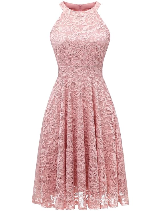 IVNIS Damen Neckholder Floral Spitze Brautjungfern Partykleid Ärmellos Cocktail Kleid