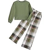Luckrizyy Girls 2 Piece Outfit Kids Long Sleeve Cable Knit Top & Stylish Plaid Pants Set Fall Winter Clothing 6-14 Years