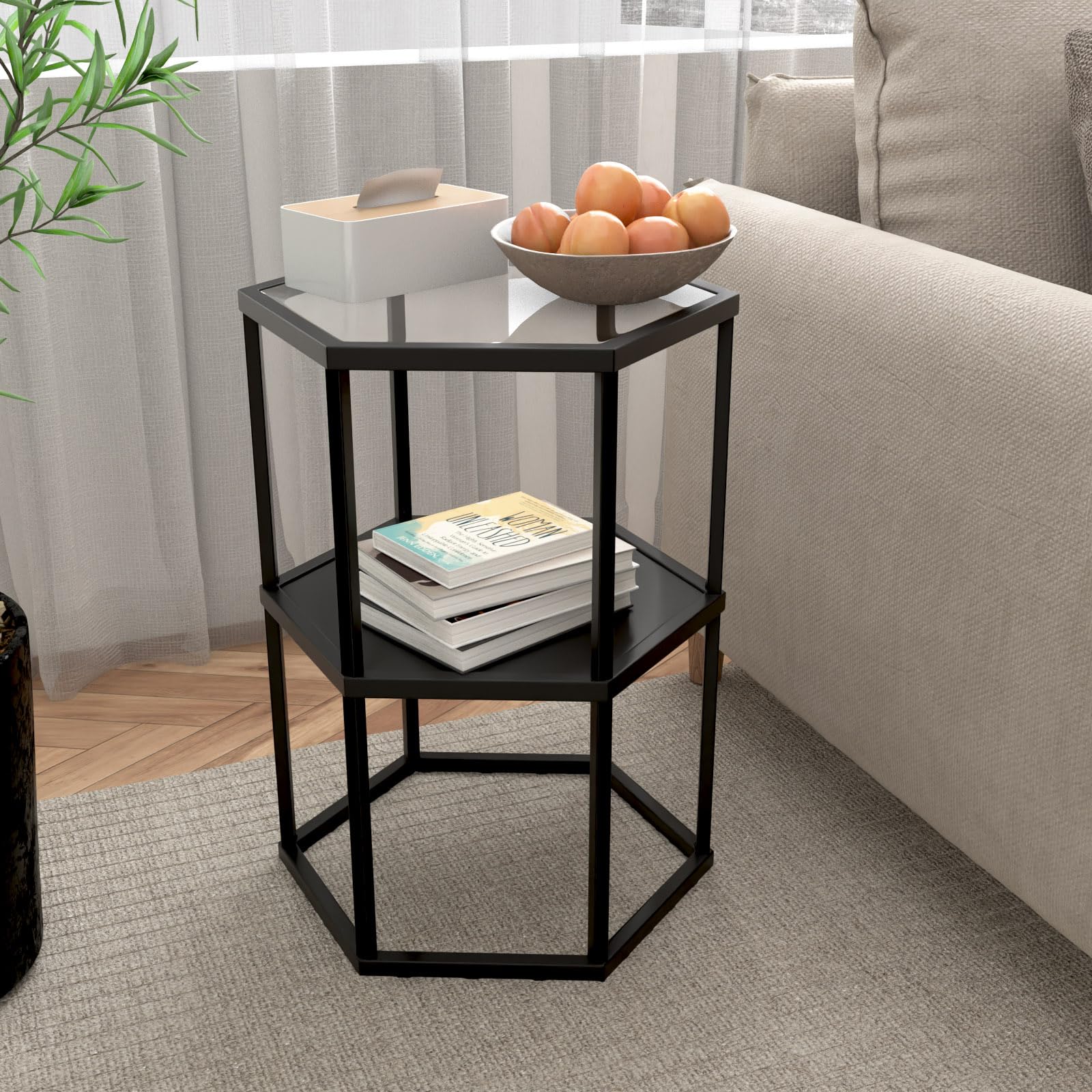 Photo 1 of Alihdrna Side Table with 2-Tier Storage Shelf, Modern End Tables for Living Room Office Small Spaces, Glass Black End Table with Metal Frames, Nightstand for Bedroom, Bedside Furniture