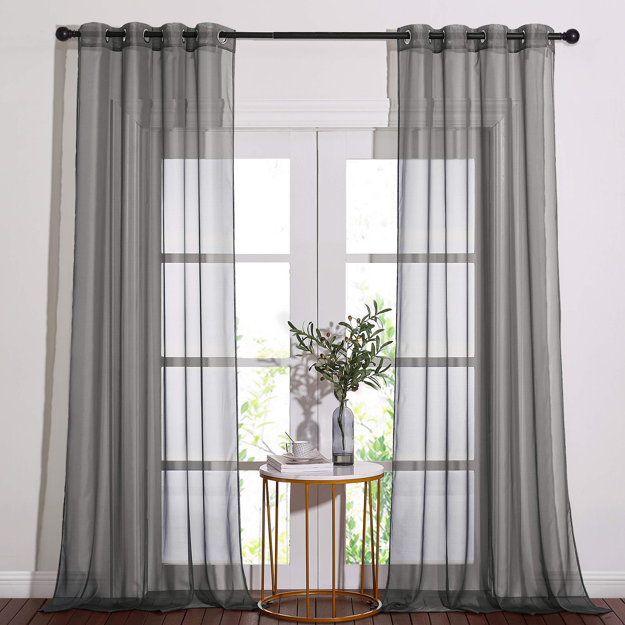 Photo 1 of NICETOWN Sheer Curtains 108" Extra Long - Grommet Top Soft Voile Texture Window Draperies for Villa/Cottage (108" Wide Total 2 Pieces, Dark Grey)