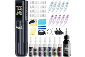 Neebol Tattoo Gun Kit, Wireless Tattoo Machine Kit with LED Display, Complete Tattoo Kit Includes 10 Cartridge Needles, Ink Set, Practice Skin, 1600mAh Tattoo Power