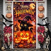 Halloween Black Cat Door Cover Happy Halloween Door Banner Decorations | Orange Pumpkin Lantern Witch Hat Porch Sign Banner for Kids Halloween Trick or Treat Party Decor Home Wall Indoor Outdoor