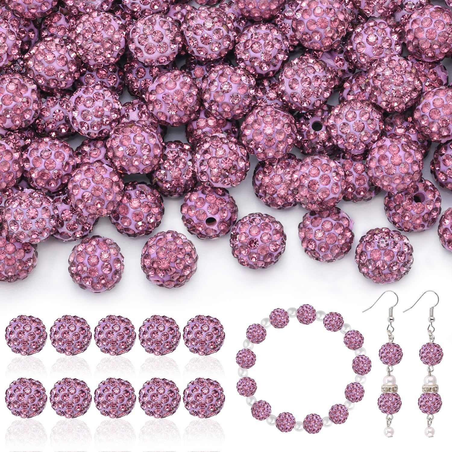 Photo 1 of 105pcs 10mm Rhinestone Beads for Jewelry Making, Light Purple Shiny Round Disco Beads Bulk, Sparkle Crystal Clay Christmas for Bracelet Baseball Necklace Earring Crafting and DIY