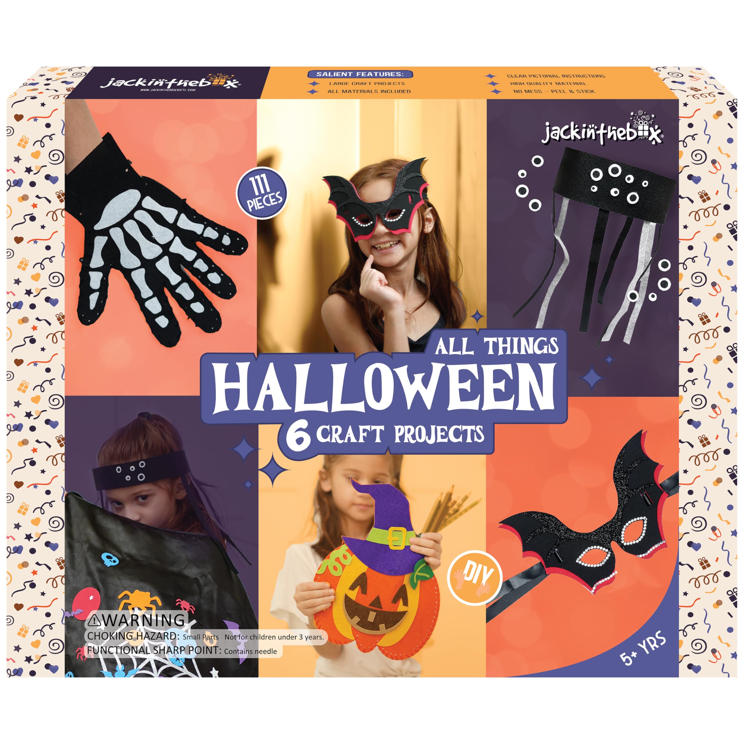 jackinthebox Halloween Crafts for Kids | Contains 6 Chunky Craft Projects | Great Halloween Costume for Kids | Incl. Halloween Cape, Pumpkin Pouch, Skeleton Glove, Bat Mask, Spider Hat & Recipe Only