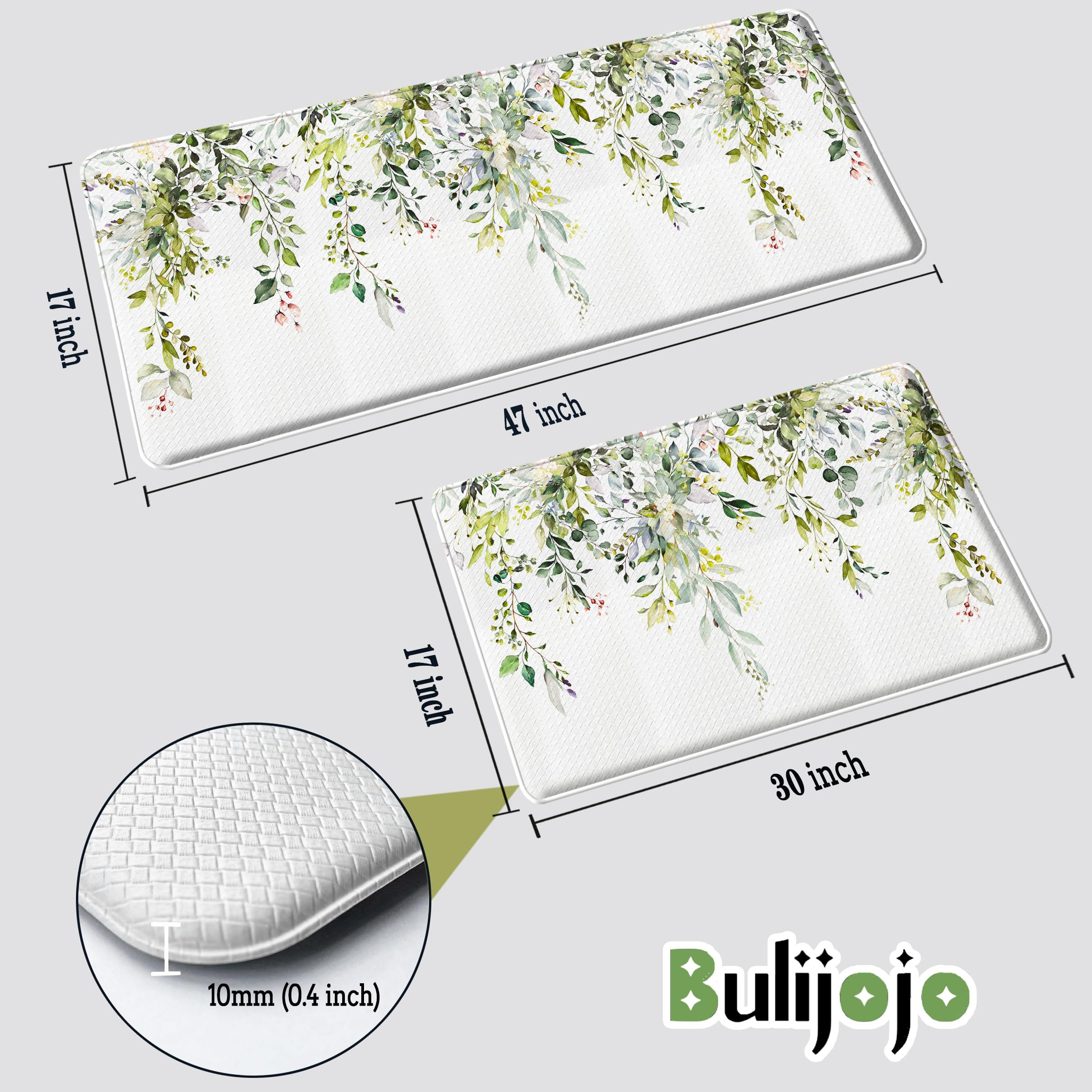 Bulijojo Green Eucalyptus Anti Fatigue Kitchen Floor Mats Set of 2 Waterproof Kitchen Sink Runner Rug Standing Mat Cushioned Kitchen Rugs Comfort Doormat 17"x47"+17" x30“ - Image 7