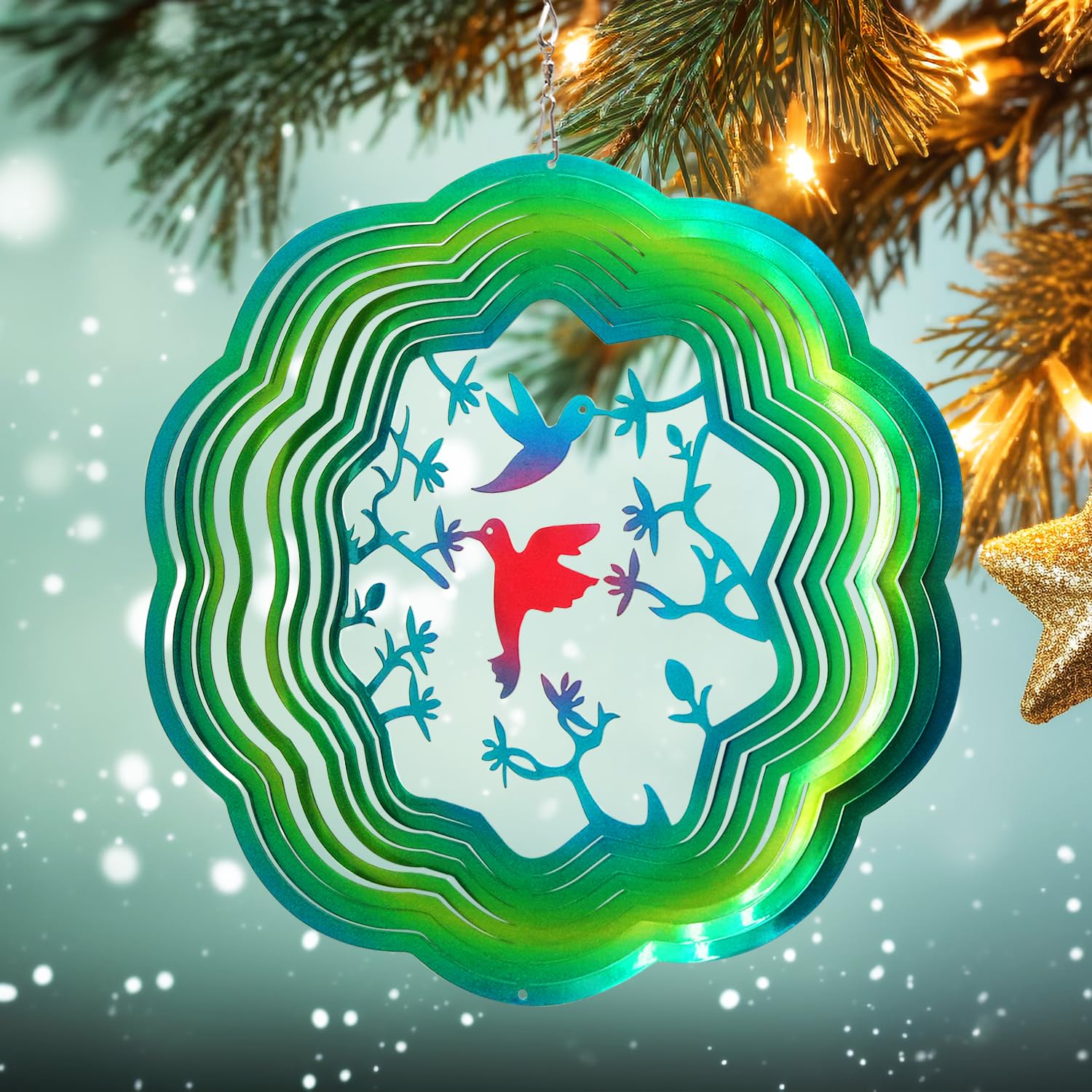 FONMY Wind Spinner Stainless Steel 3D Hanging Garden Decoration for Indoor Outdoor Gradient Blue Color Twins Hummingbird Metal Wind Spinners-12inch