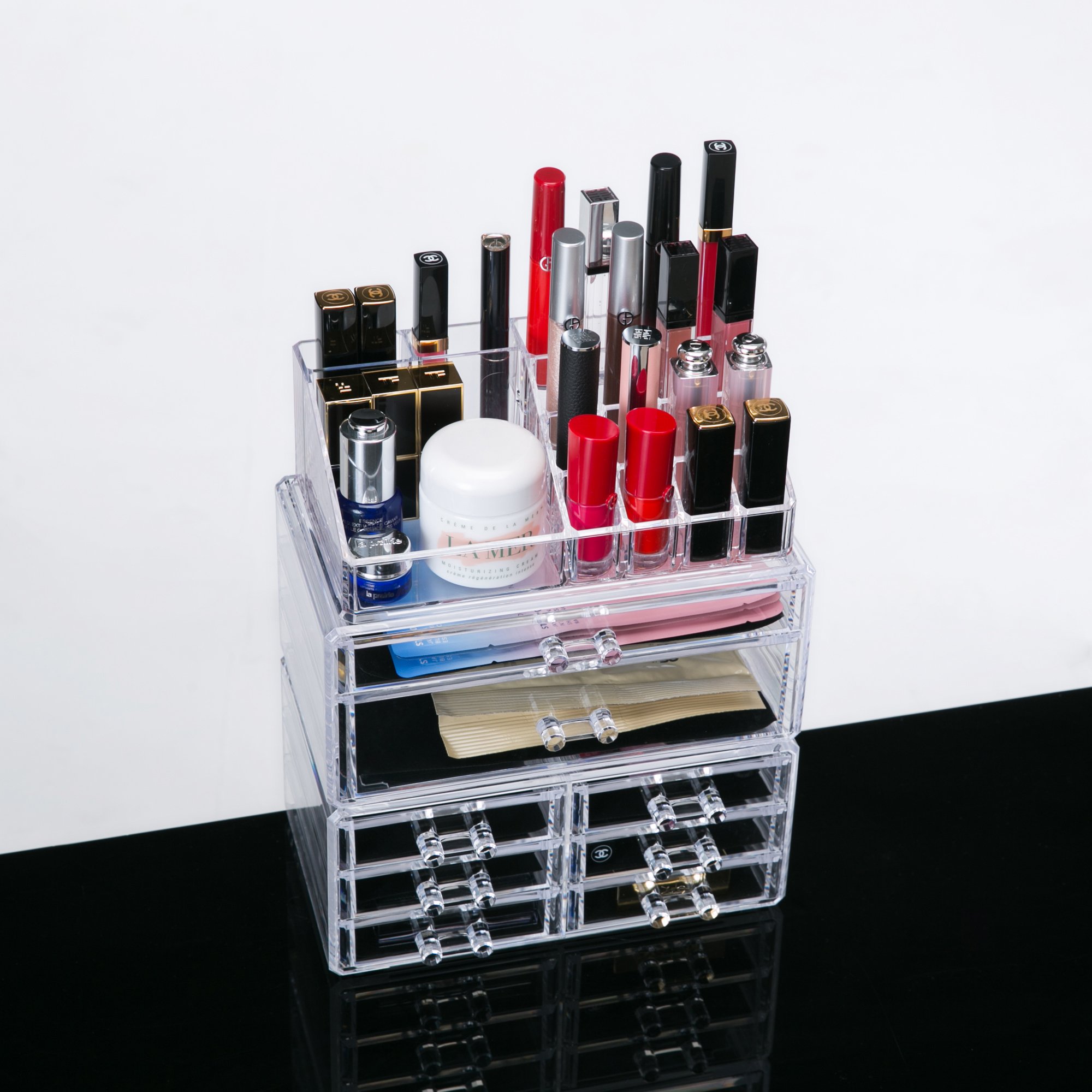 Clear Acrylic Cosmetic Storage Organizer, Boxes Makeup and Jewelry Organizer 8 Drawers and 3 Piece Set with Removable Black Mesh Padding