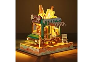 FUNPOLA 3D Wood Puzzle Ice Cream Truck Model - DIY Miniature Food Truck Dollhouse Vehicle Craft Kit with LED Lights - Perfect Creative Gift for Kids and Adults (Ice Cream Truck)