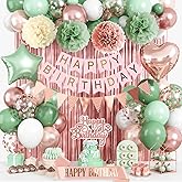 Rose Gold and Sage Green Birthday Decorations, Retro Avocado Green Party Décor with Foil & Latex Balloons Sash Fringe Curtains Happy Birthday Banner Cake Topper Paper Pompoms Decor for Women Girl