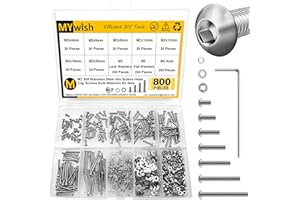 Mywish 800Pcs M2 Metric Screw Assortment, 304 Stainless Steel Bolts and Nuts Kit, Hex Socket Button Head, Nuts and Bolts Flat & Spring Lock Washers/Nuts/Hex Wrenches, M2*4/6/8/10/12/16/20mm
