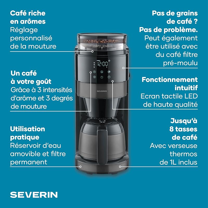 Machine à café filtre avec broyeur intégré et verseuse isotherme - S-Taste AromaOne- 1,25L jusqu'à 10 tasses - Affichage LED tactile - Stop goutte & arrêt automatique - Inox foncé, KA 4831 — photo 3 sur 8