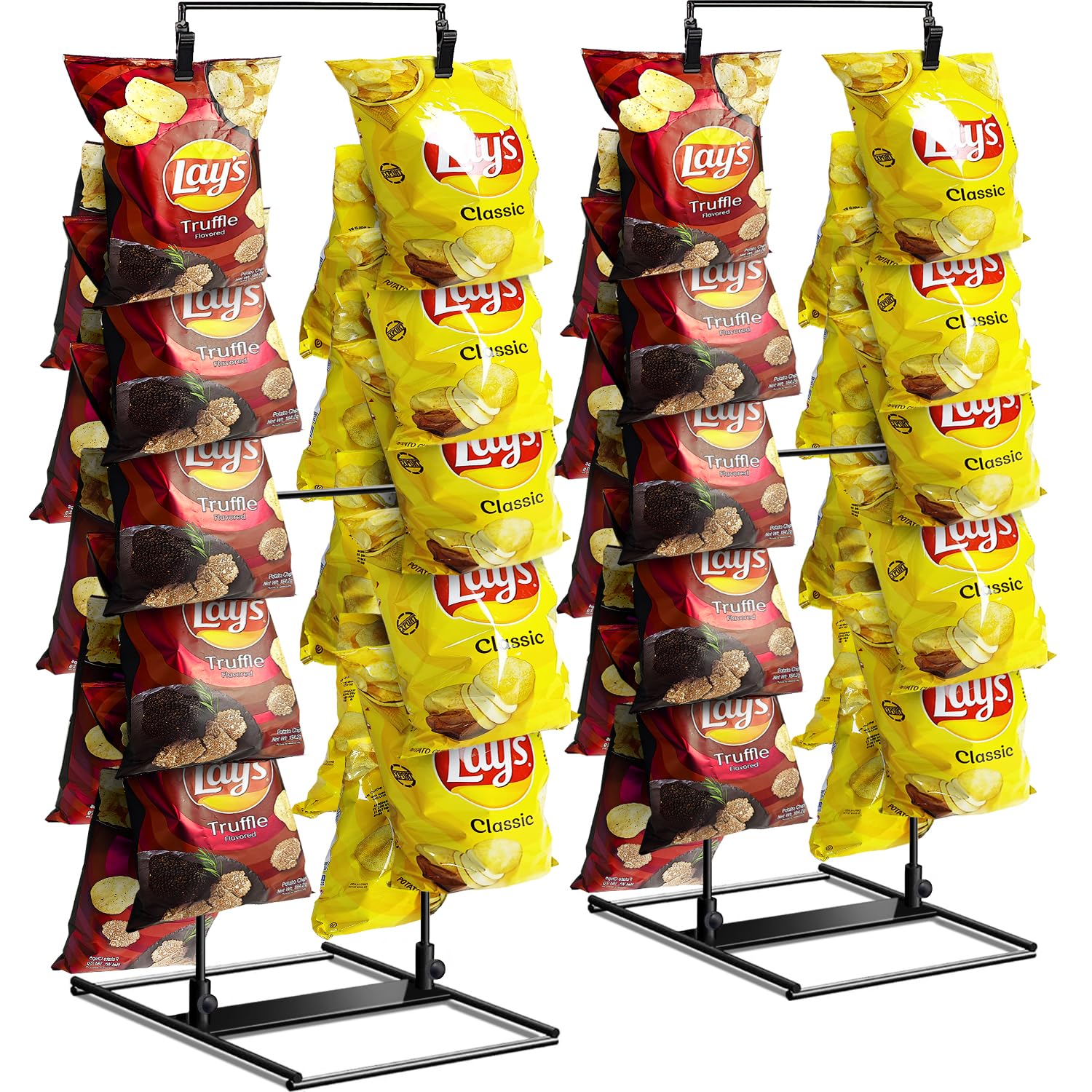 Photo 1 of *MISSING PARTS UNKNOWN*
ROSROSE Chip Rack Display Stand 2 Pack, Potato Chip Display Rack with 24 Clips, 2 Row Chip Bag Holder for for Party Display, Snack Retail Display Rack Chip Stand Display for Countertop Store, Black