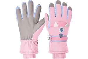 Jikuzfu Kids Touchscreen Ski Gloves Children Waterproof Winter Snow Gloves with Grip, Unicorn Monster Design, Anti-Loss Clip for Boys & Girls