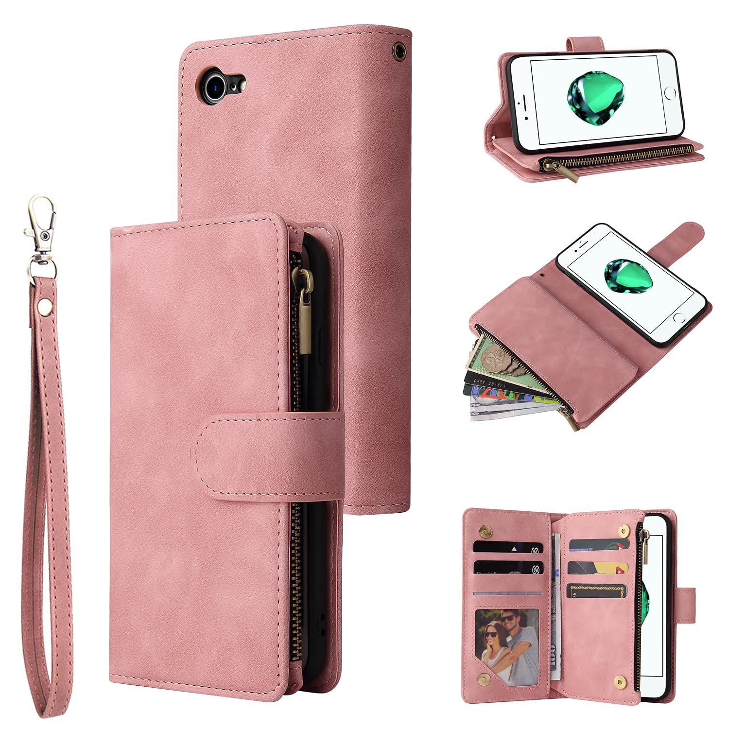 UEEBAI Wallet Case for iPhone 7/8/SE 2022 5G/SE 2020, Premium PU Leather Magnetic Handbag Zipper Case Kickstand Card Slots Wrist Strap Flip Cover for iPhone SE3/SE2 - Pink — image 1