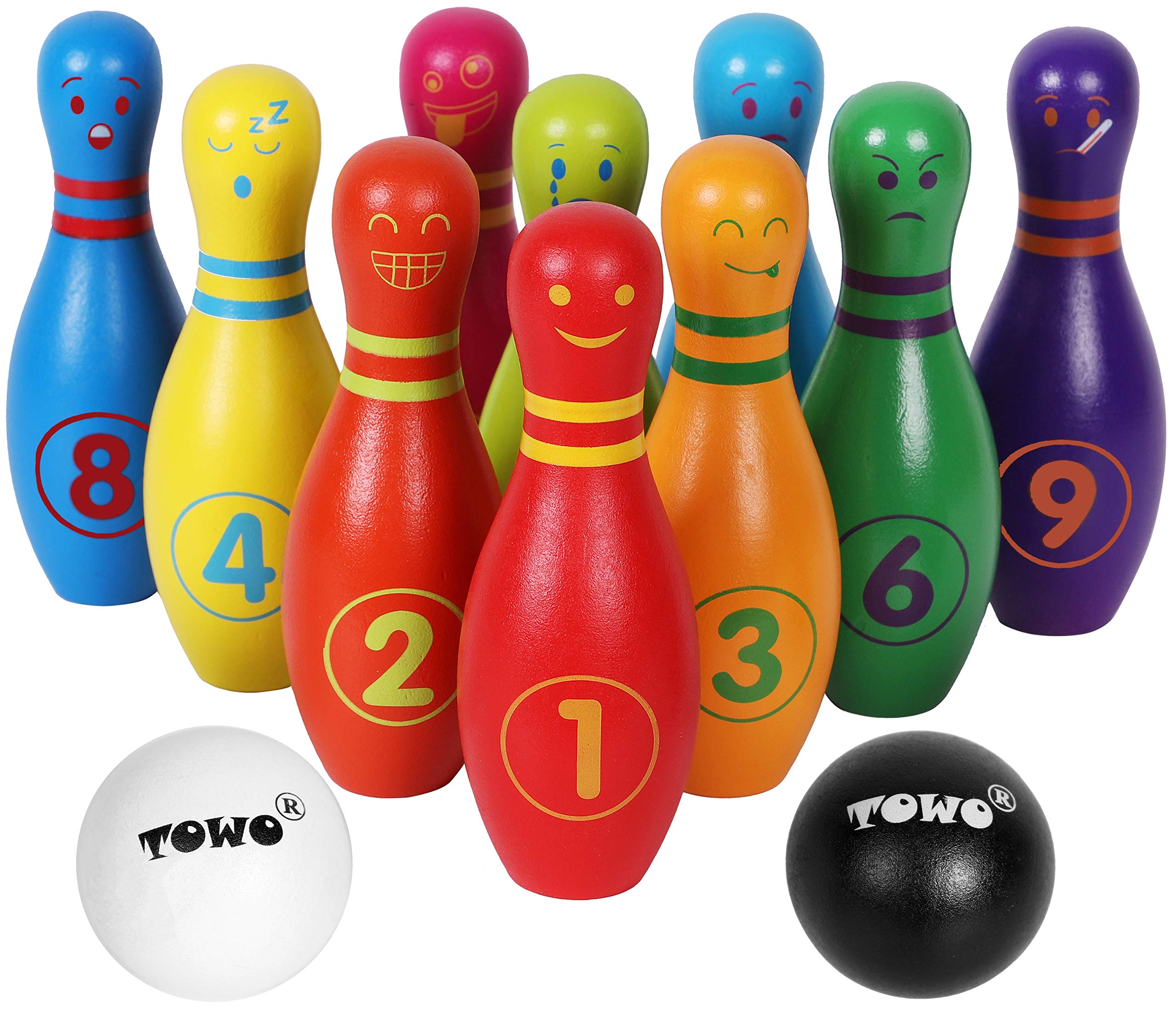 TOWO Skittles for Children - Wooden Skittle Set with Facial Emotions and Numbers - 10 Pin Bowling Set for Kids Indoor and Garden toys - Wooden Toys for 2 years old Toddler