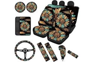Wanyint Vintage Sunflower Print Car Seat Cover Split Covers for Women Men,Car Steering Wheel Cover Seatbelt Strap Shoulder Cover Coasters Armrest Pad Handbrake Cover Gear Shift Cover