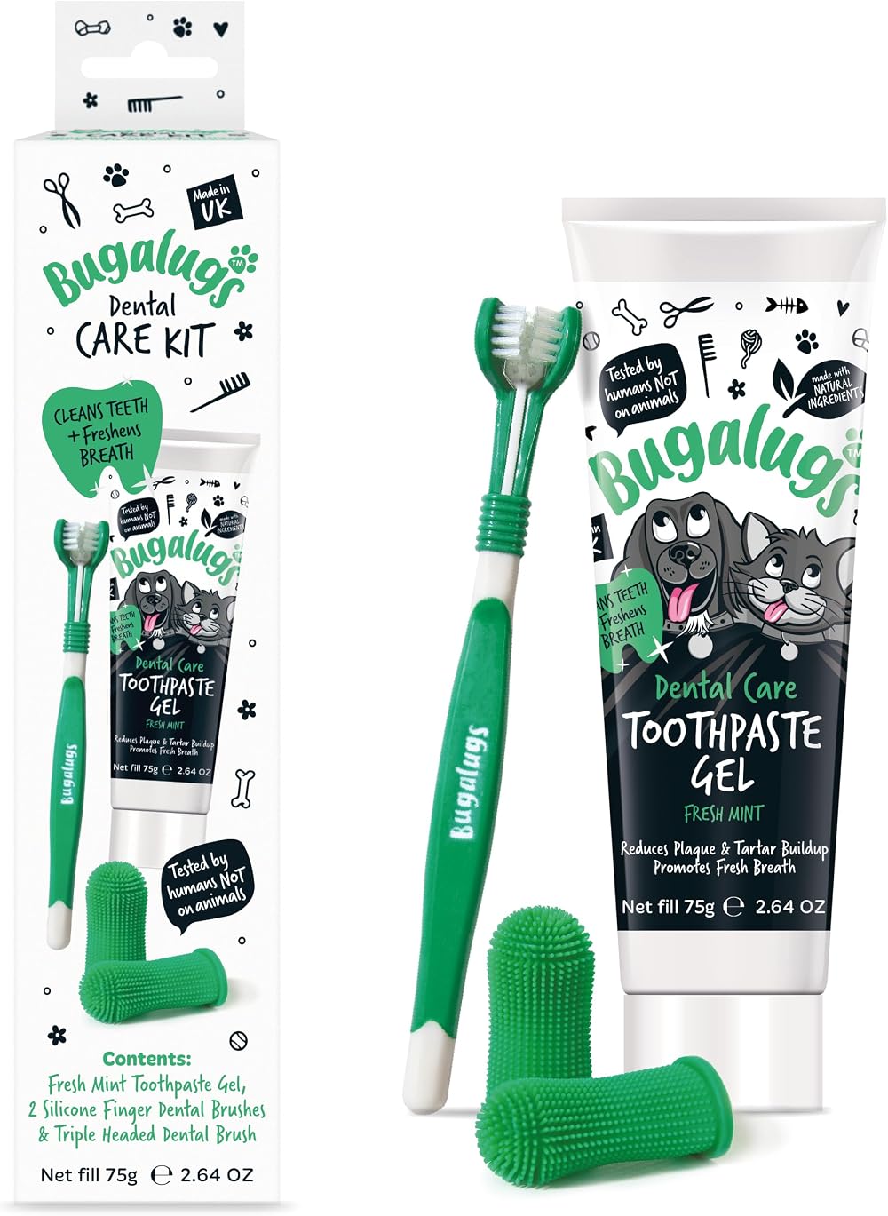 BUGALUGS Dental Care Kit for Dogs & Cats with Toothpaste & Brushes