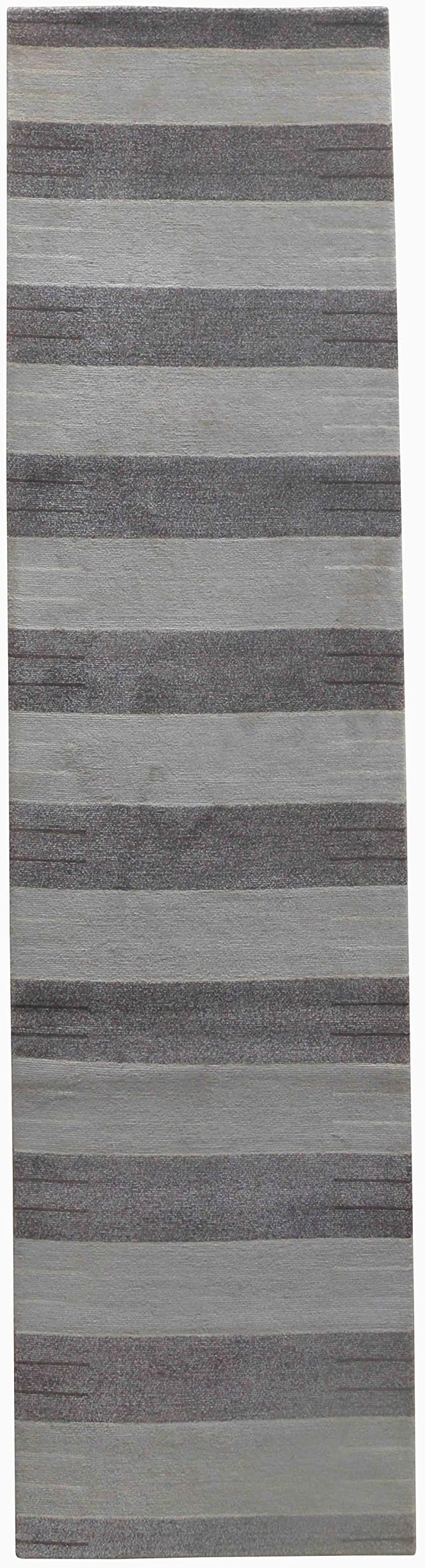 Line Stripe Black Color Hand Knotted Nepali Carpet 2' X 10' Nepalese Handmade 2 Feet By 10 Feet Area Rug Wool and Hemp Mix 100 Knot Runner Carpet