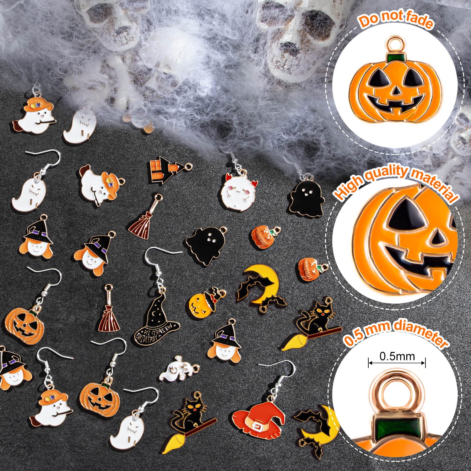 Halloween Charms, Halloween Alloy Charm Enamel, Pumpkin, Witch hat, Ghost, Spider, Bat Pendants, Assorted Pendant Charms for Bracelet, Earring, Jewelry Making