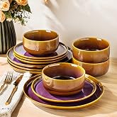 TheTerra Ceramic Dinnerware Set for 4, 12-Piece Plates and Bowls Set | Handmade Reactive Glaze Dish Set, Scratch Resistant, Oven &amp; Microwave &amp; Dishwasher Safe, Amber Amethyst