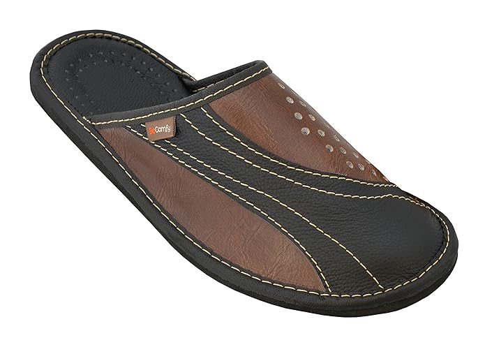 BeComfy Herren Hausschuhe Leder Pantoffeln Schwarz Echtleder Braun