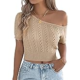 FEOYA Cropped Crochet Top for Women Off Shoulder Crochet Tops Short Sleeve Knitted Pullover Summer Sweater S-XL