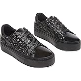 AISFAES Women Glitter Platform Sneakers Sparkly Lace-Up Chunky Sneakers Fashion Low-Top Tennis Shoes Comfortable Metallic Sequin Walking Shoes