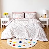 Amazon Basics Kids' Pink Bedding Set, 7-Piece Jacquard Microfiber Bed-in-a-Bag with Comforter, Fitted Sheet, Flat Sheet, Pillowcases, Pillow Shams, Deep Pocket 16", All-Season, Pink Tufted, Full/Queen