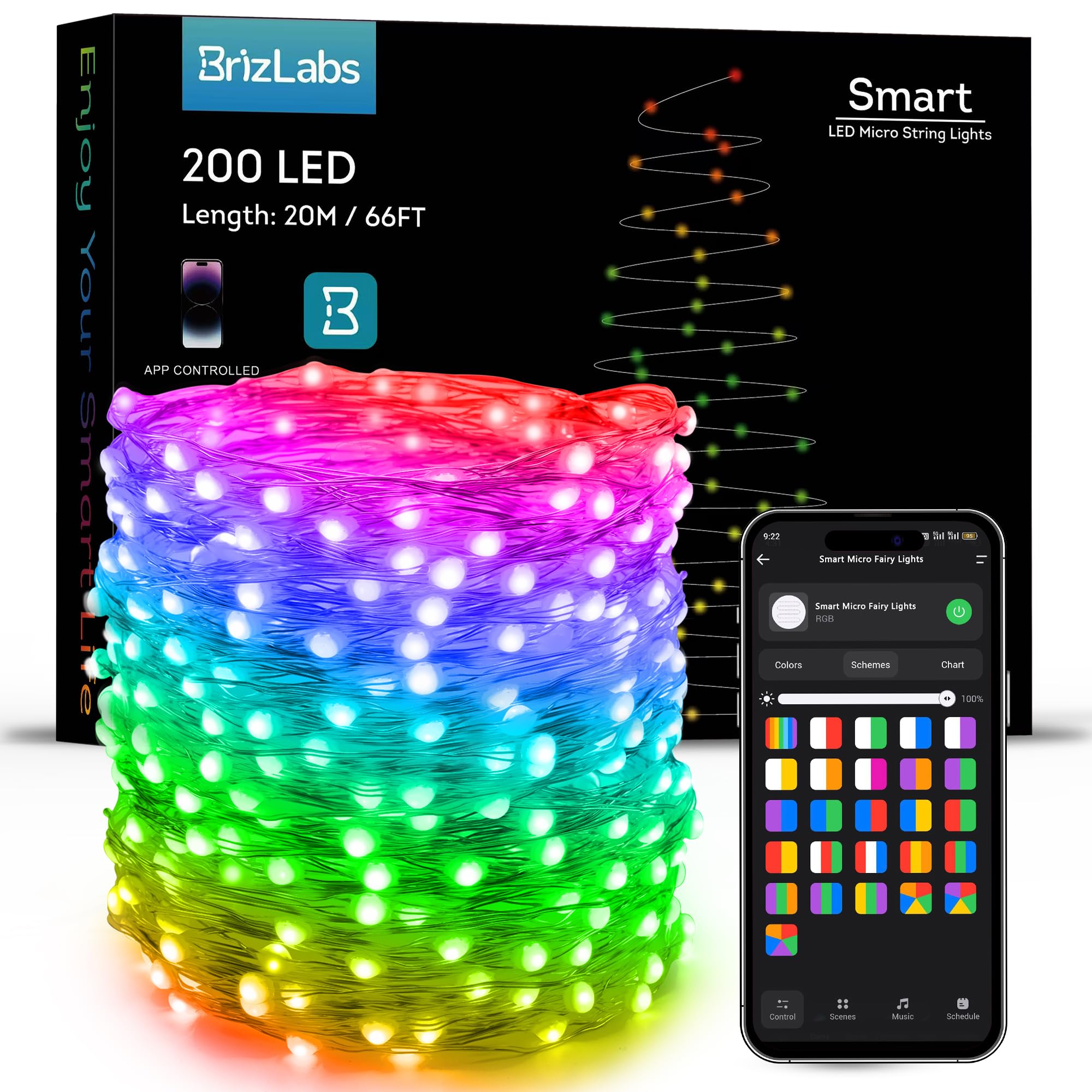 Photo 1 of BrizLabs Smart Fairy String Lights, 66ft 200 LED WiFi RGB Christmas Fairy Lights App Control, Dimmable Rainbow Christmas Lighting, Music Sync Xmas Decorative Lighting Work with Alexa & Google Home