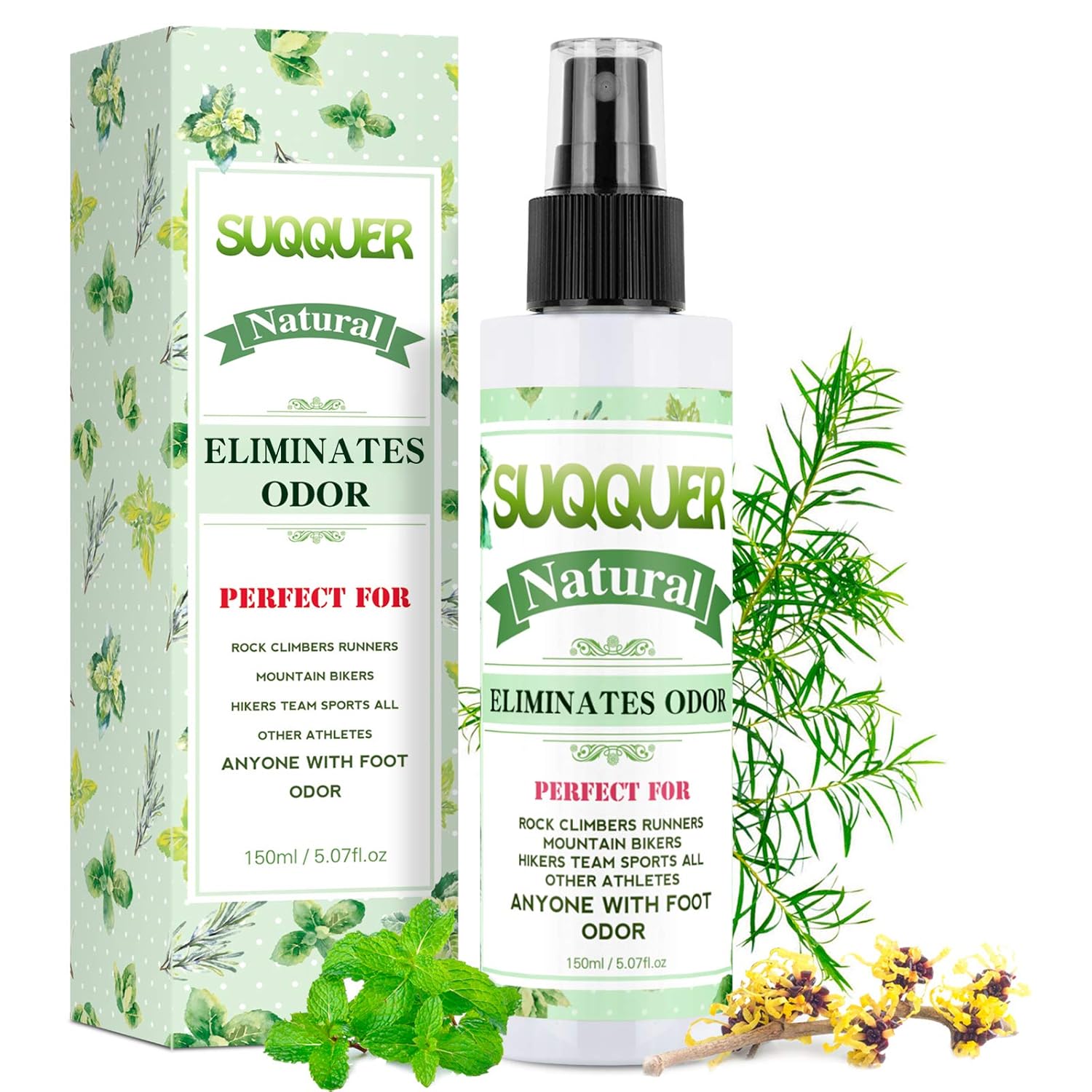 Natural Shoe Deodorizer Spray, SUQQUER 150ML Extra Strength Foot Odor Eliminator for Shoes-Witch Hazel, Peppermint, Tea Tree Essential Oils 150ML /5.07FL.OZ : Beauty