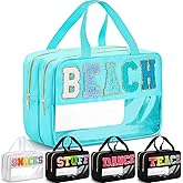 Pinkunn Large Clear Chenille Letter Bag Double Layer Makeup Patches Cosmetic Bag Zipper Pouch for Travel Waterproof Nylon Toiletry Makeup Supplies for Women Girls(Teal,Beach)