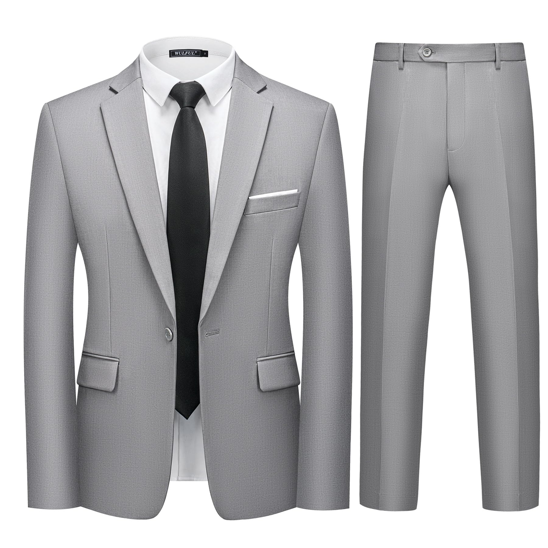 Photo 1 of WULFUL Men's 2 Piece Slim Fit Suit Set One Button Blazer Jacket Pants Tuxedo Set for Party, Wedding and Business Light Gray